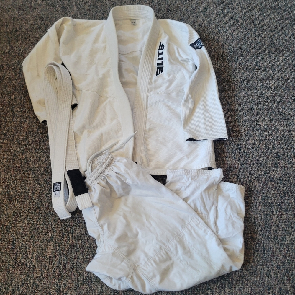 Elite White BJJ Gi Jacket and Pants with White Belt